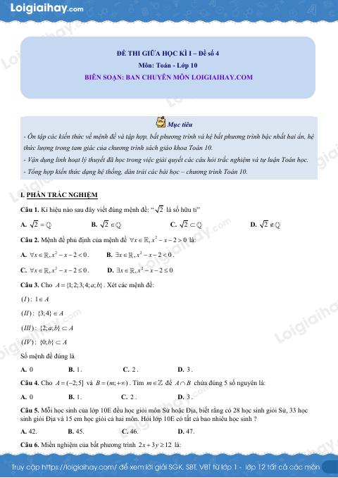Đề thi giữa kì 1 Toán 10 Chân trời sáng tạo - Đề số 4